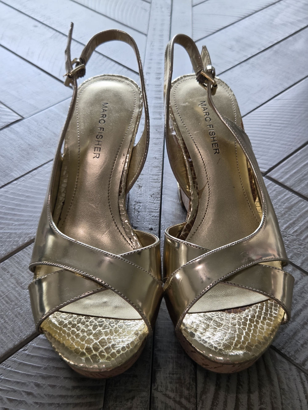 Marc Fisher Metallic Gold Open-Toe Slingback Wedges Boho Beach